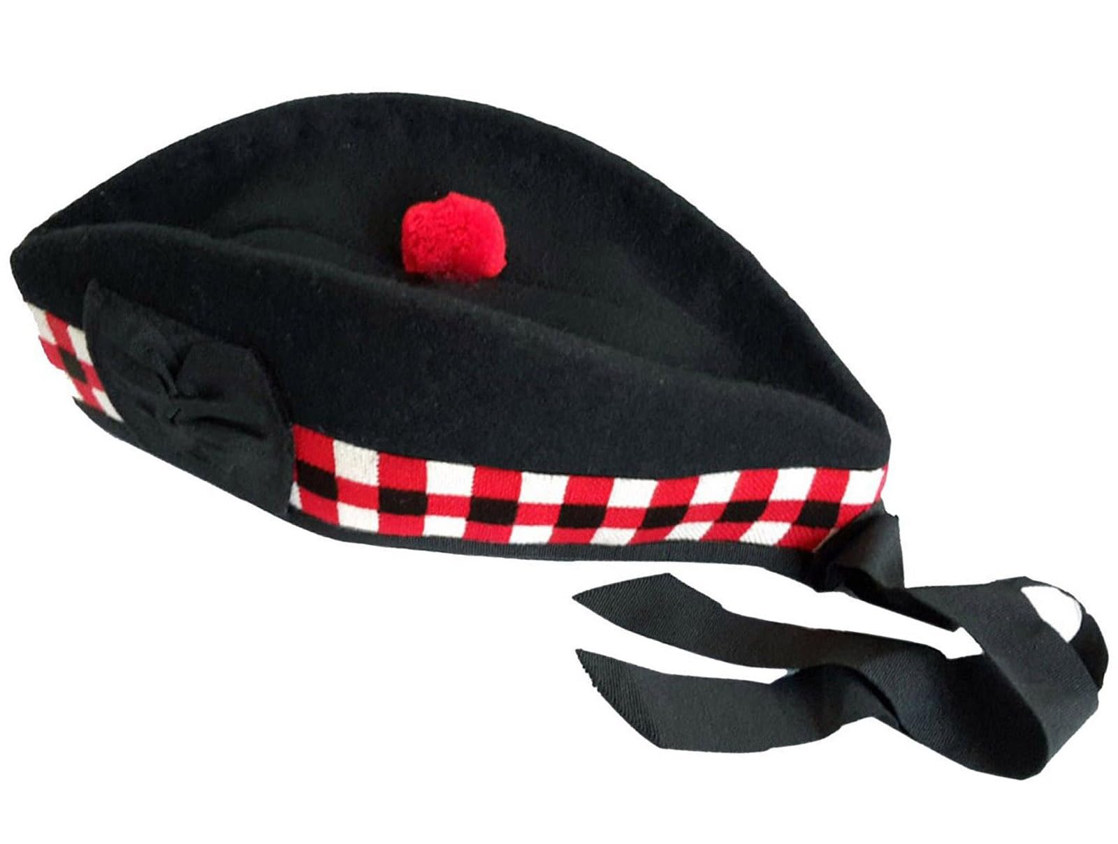 Wool Glengarry Bonnet Hat Scottish Piper - Black with Red Toorie and Diced Band - Size 59