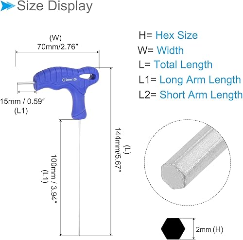 Miniatura 7 de Llave hexagonal con mango en T, hexagonal de 0.079 in, llave en T métrica de acero CR-V azul (aplicaciones para reparación básica del hogar y