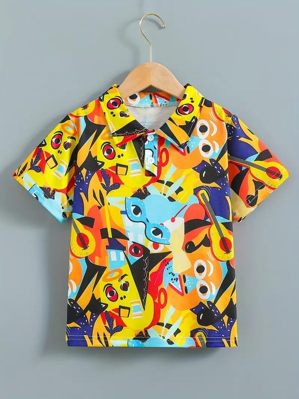 Image of Kids Easter Pattern Multi-Colored Printed Short Sleeve Button-Up Polo Shirt for Boy