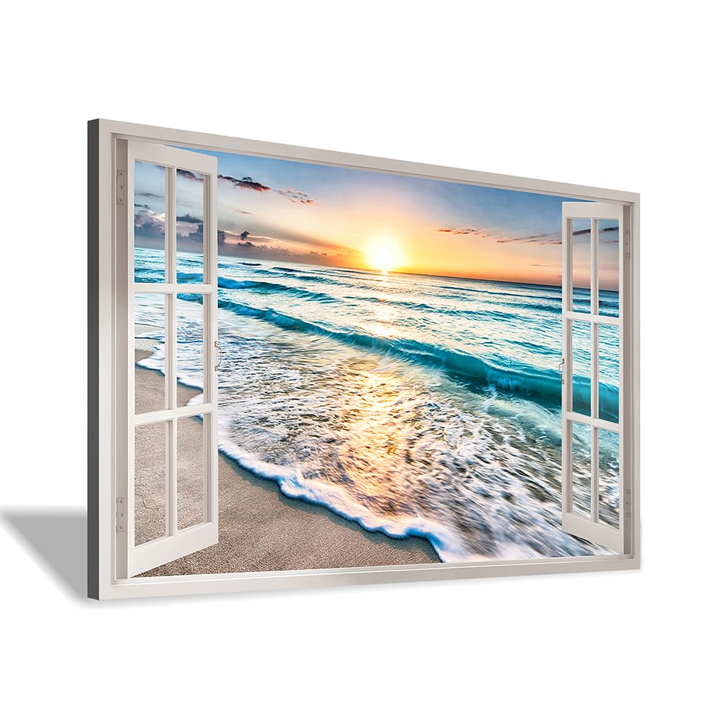 Hardy Gallery beach canvas window wall art: beach picture coastal artwork seascape ocean scene prints - looking out fake window wall decor for