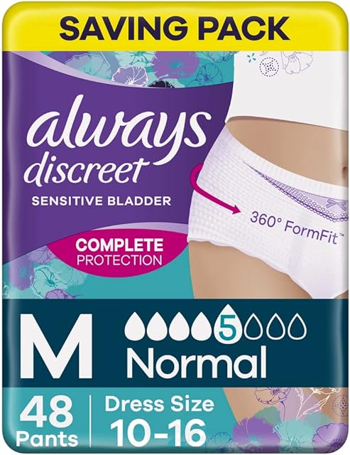 Always Discreet Incontinence Pants Women, Medium, Normal, 48 Pants (12 x 4 Packs), Odour Neutraliser, SAVING PACK, Dress Size 10-16, for Sensitive Bladder