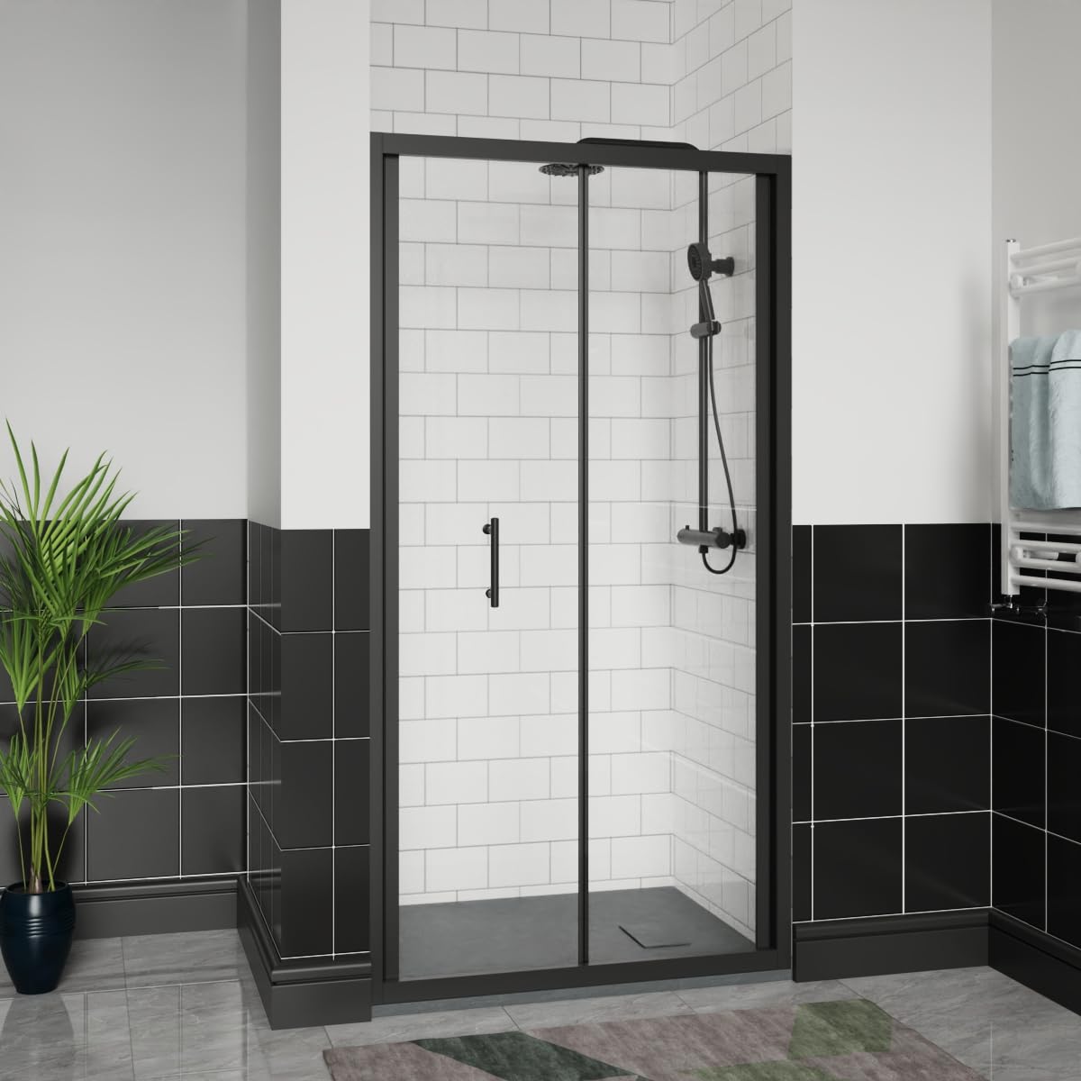 Aquariss Matte Black 1100X900mm Black Bifold Shower Door Enclosure With 900Mm Self Clean Reversible Folding Shower Screen Cubicle, Anthracite Smc Anti Slip Shower Tray And 90Mm Waste