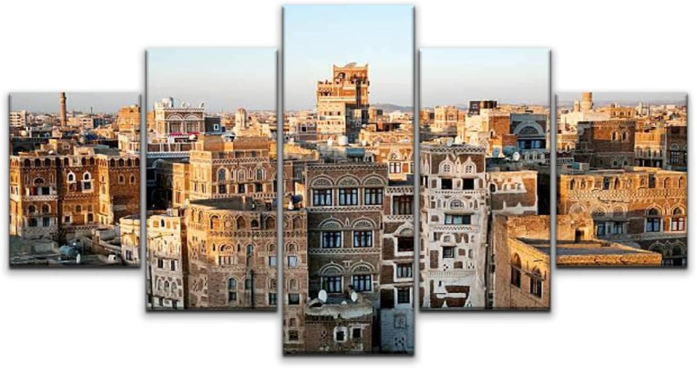 JOEJRTGRKADW Canvas Art Wall Traditional Yemeni Architecture in sanaa Yemen Paintings Vintage Prints Home Decor Artworks Gift Ready to Hang for Living Room 5 Panels Large Size, Multi5, 60x32inch