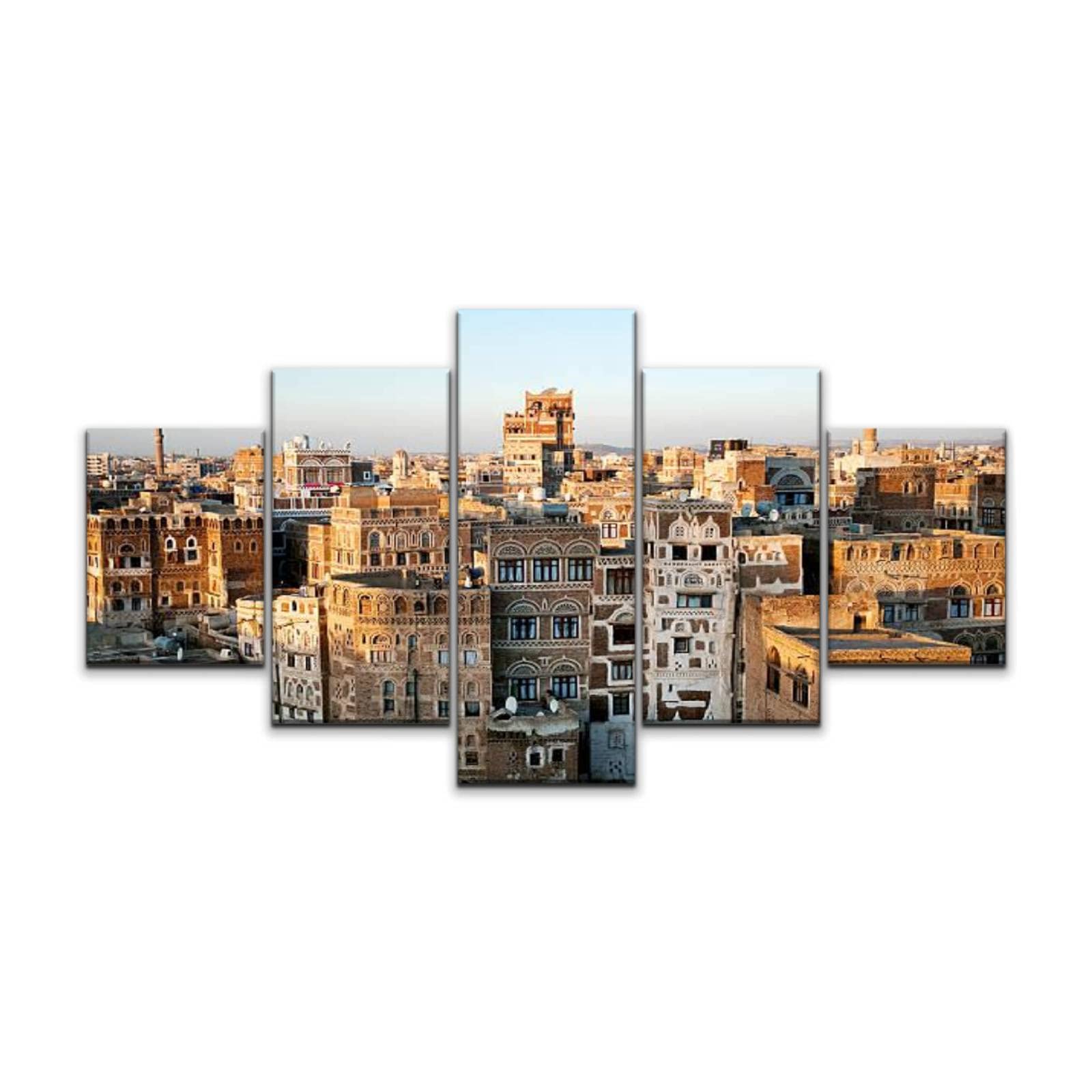 JOEJRTGRKADW Canvas Art Wall Traditional Yemeni Architecture in sanaa Yemen Paintings Vintage Prints Home Decor Artworks Gift Ready to Hang for Living Room 5 Panels Large Size, Multi5, 60x32inch