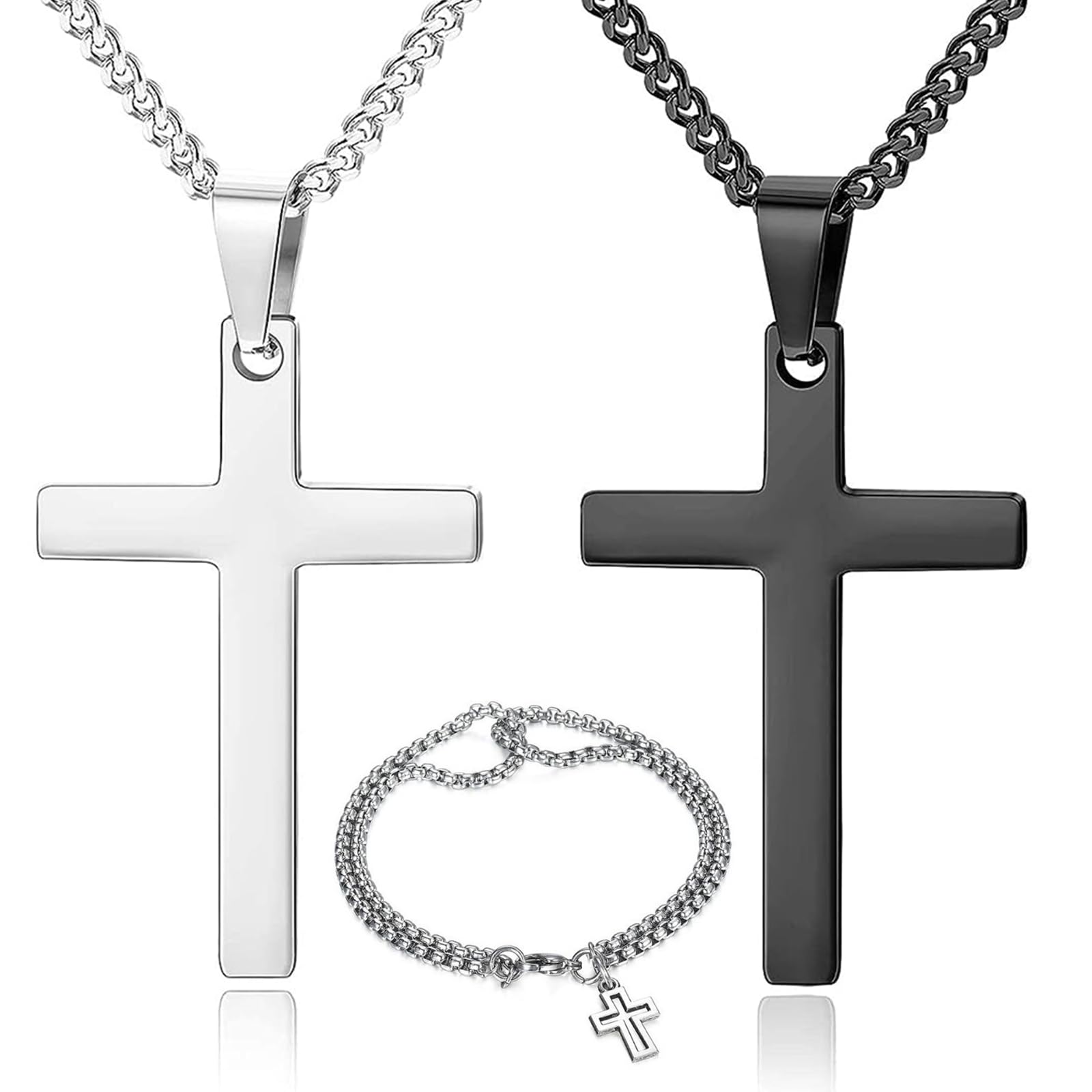 DGUSO 3 Piezas Collar Cruz Hombre Cruz Cadena Acero Inoxidable Hombre 60 Cm/23 Pulgadas Colgante Cruz Hombre Colgantes Cruz Hombre Cadenas Cruz De Plata Hombre Collar Con Pulsera Cruz