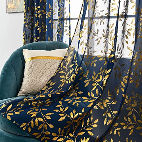 Sutuo Home Lot de 2 panneaux de rideaux transparents bleus de 160 cm de long, imprimé feuille d'or de luxe avec feuilles de vigne métallisées bronzées,...