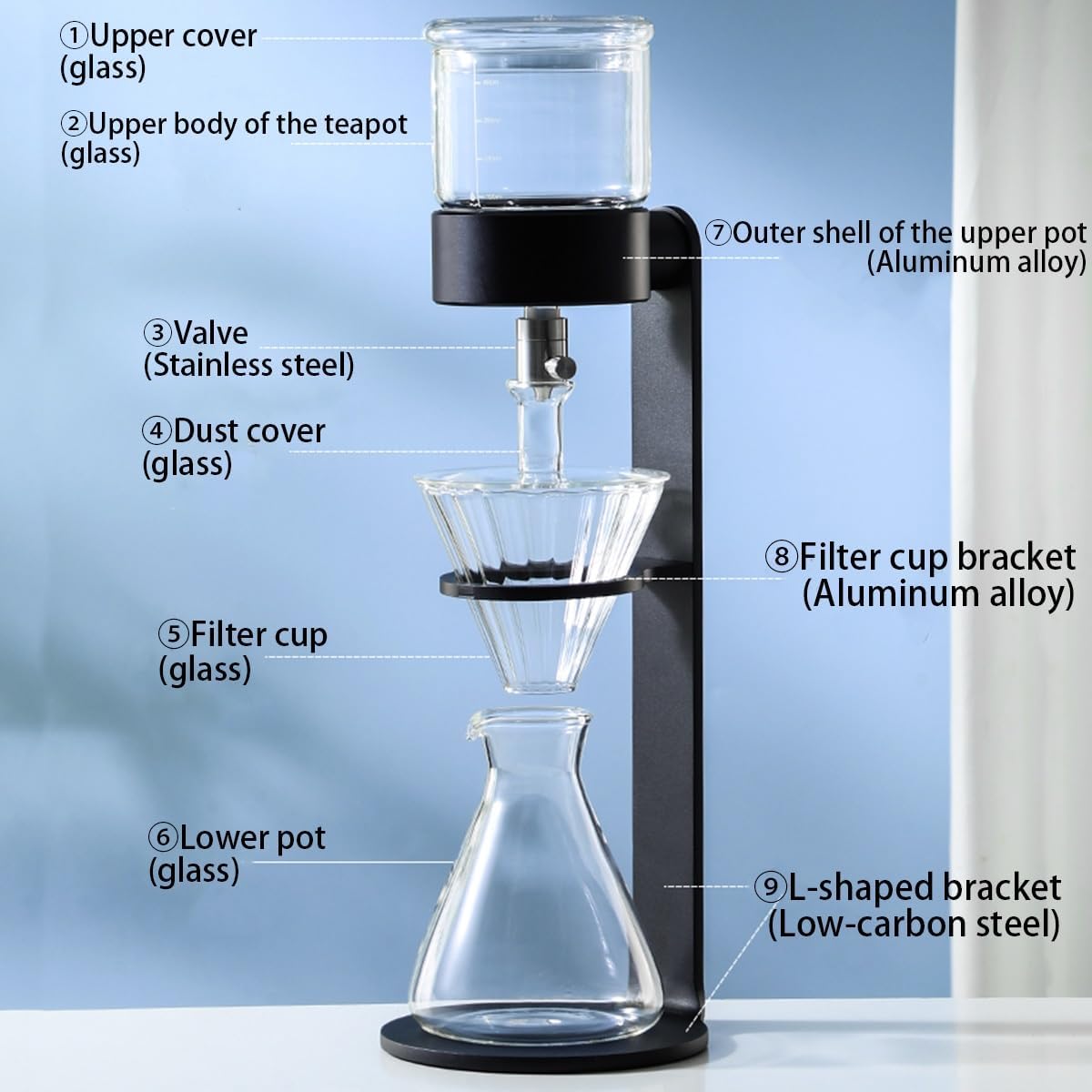 Caffettiera a freddo da 500 ml, con valvola antigoccia in acciaio inox, in vetro borosilicato, 2-3 tazze, per casa e ufficio