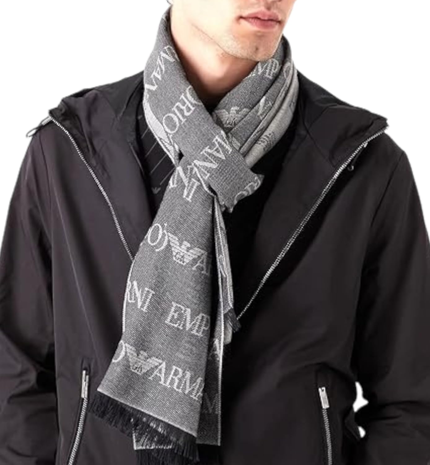 Emporio Armani Sciarpa lettering jacquard all over - 625060 CC786 00635 Blu Grigio - cm. 185 x 43 Orlo sfrangiato