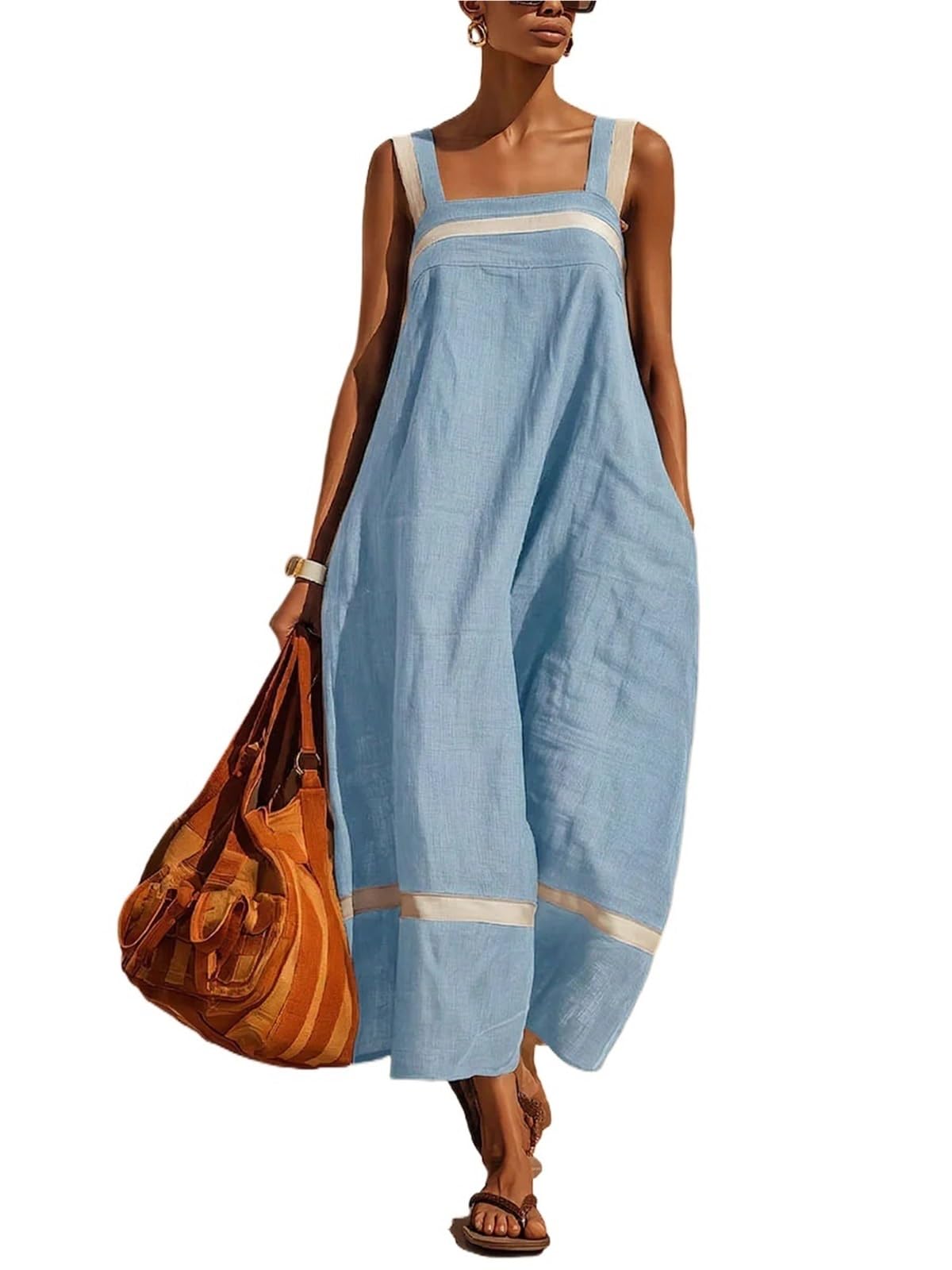 Vestido de Playa Verano con Tirantes Sueltos for Mujer, Falda Larga Lino Liso, Vestidos Simples Informales Moda