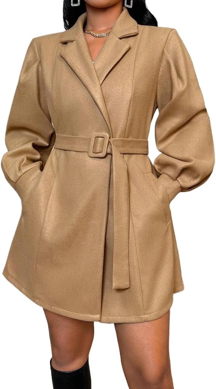 Womens Fashion Trench Outwear 1pc Collar Waist Belted Long Sleeve Elegant Knit Trench Coat Jacket Coat