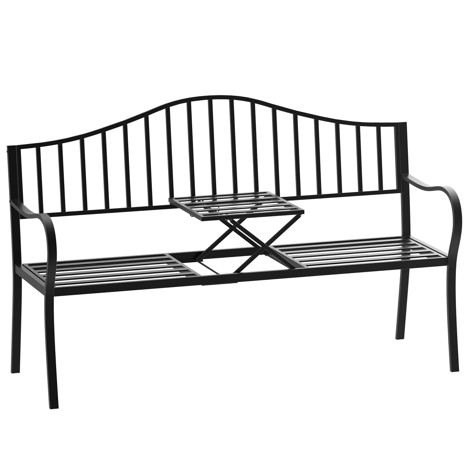Outsunny Panchina da Esterno a 2 Posti, Panchina da Giardino con Tavolino Estensibile in Metallo 150 x 53 x 95 cm Nero