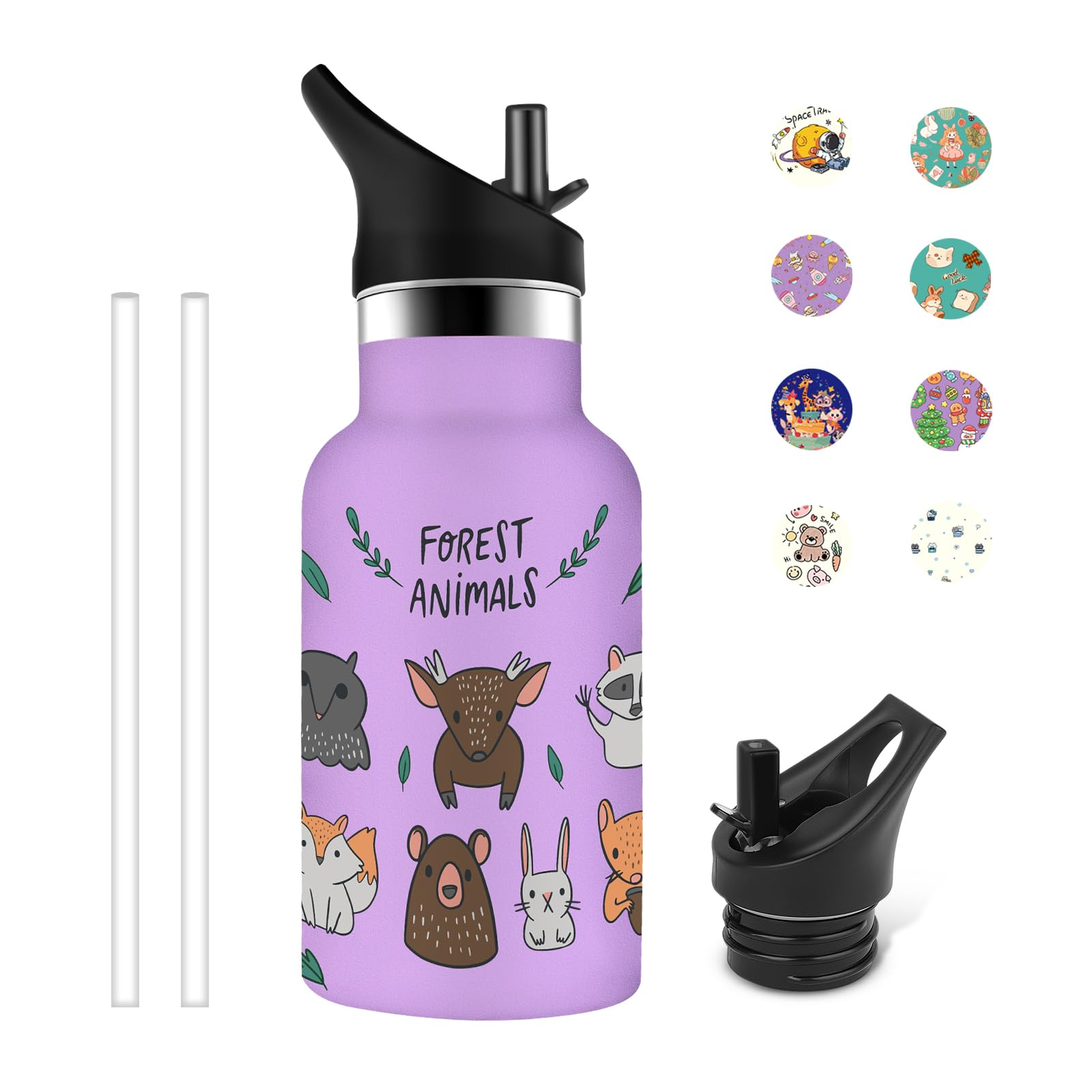 Grsta Kids Water Bottle, 350ml Thermal Water Bottle, Small Leakless Thermal Bottle, Personalized Deer Water Bottle, BPA Free, for Cold or Hot Drinks, Purple