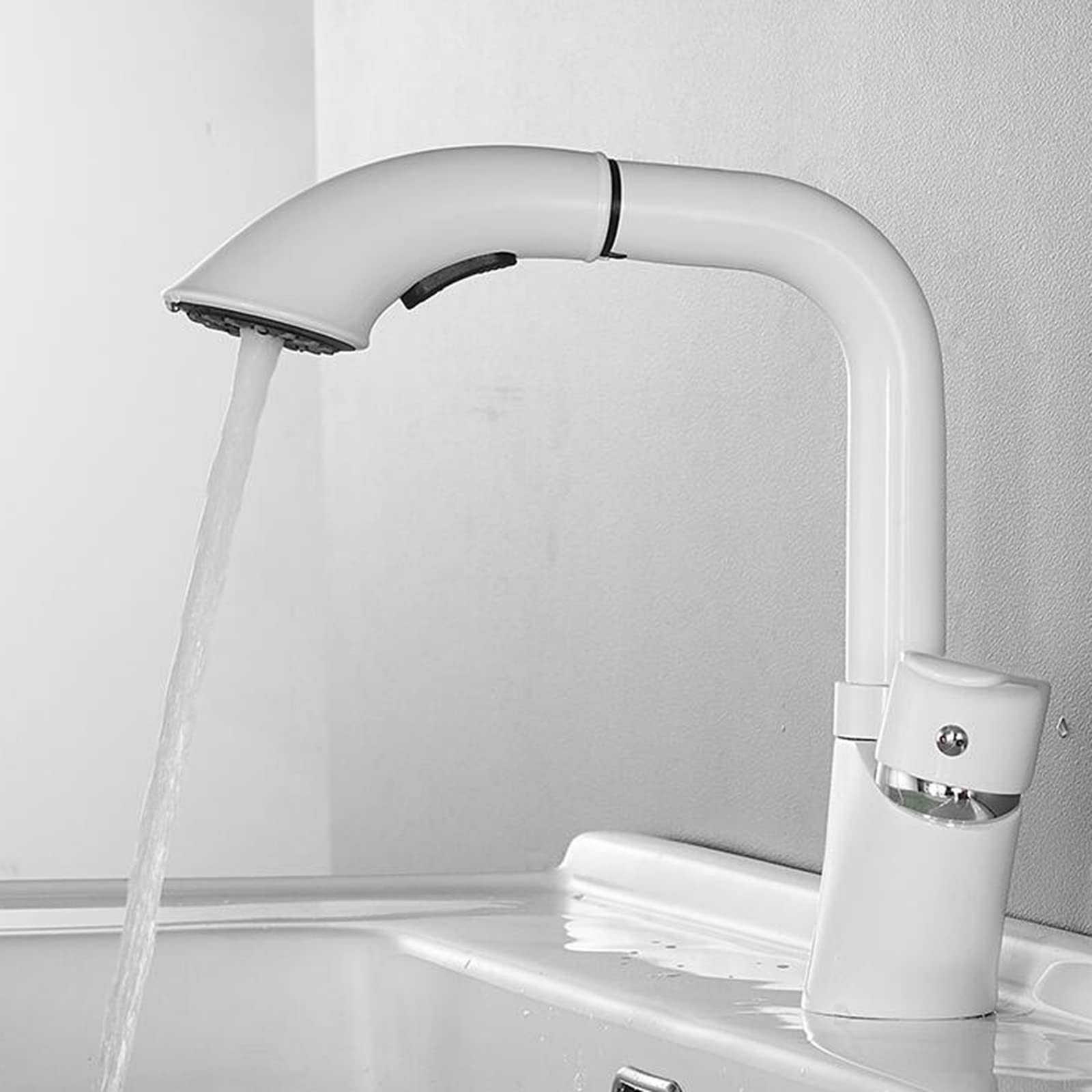 Grifos de Lavabo con Ducha Extraible Blanco Grifo Fria y Caliente Elevador Telescópico Giratorio Grifos Lavabos Latón
