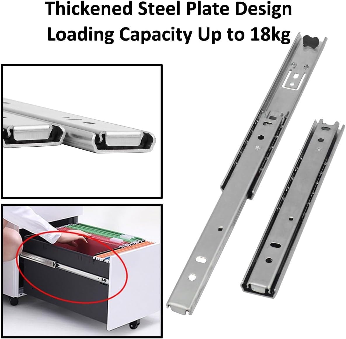 Guías telescópicas para cajones, rieles guía de extensión completa, guías de rodamiento de bolas plateadas resistentes para soluciones de almacenamiento suave, 4 pares (8 piezas), 27 mm x 450 mm