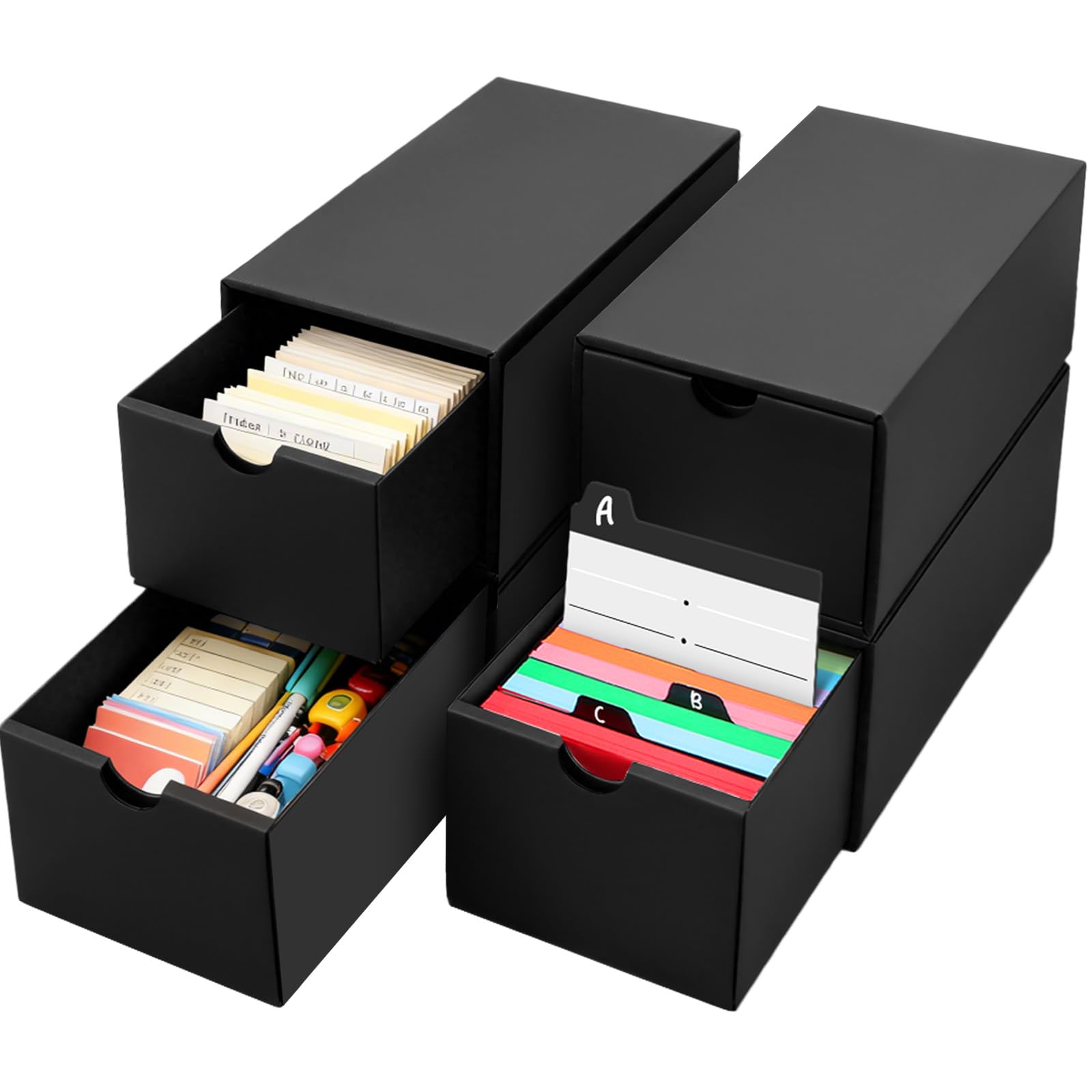 Karteikasten box A6, 4 Lernkarteibox Schwarz, Fasst 4000+ Karteikarten, Geeignet für die Aufbewahrung von Karten, Lern- und Büroszenarien 