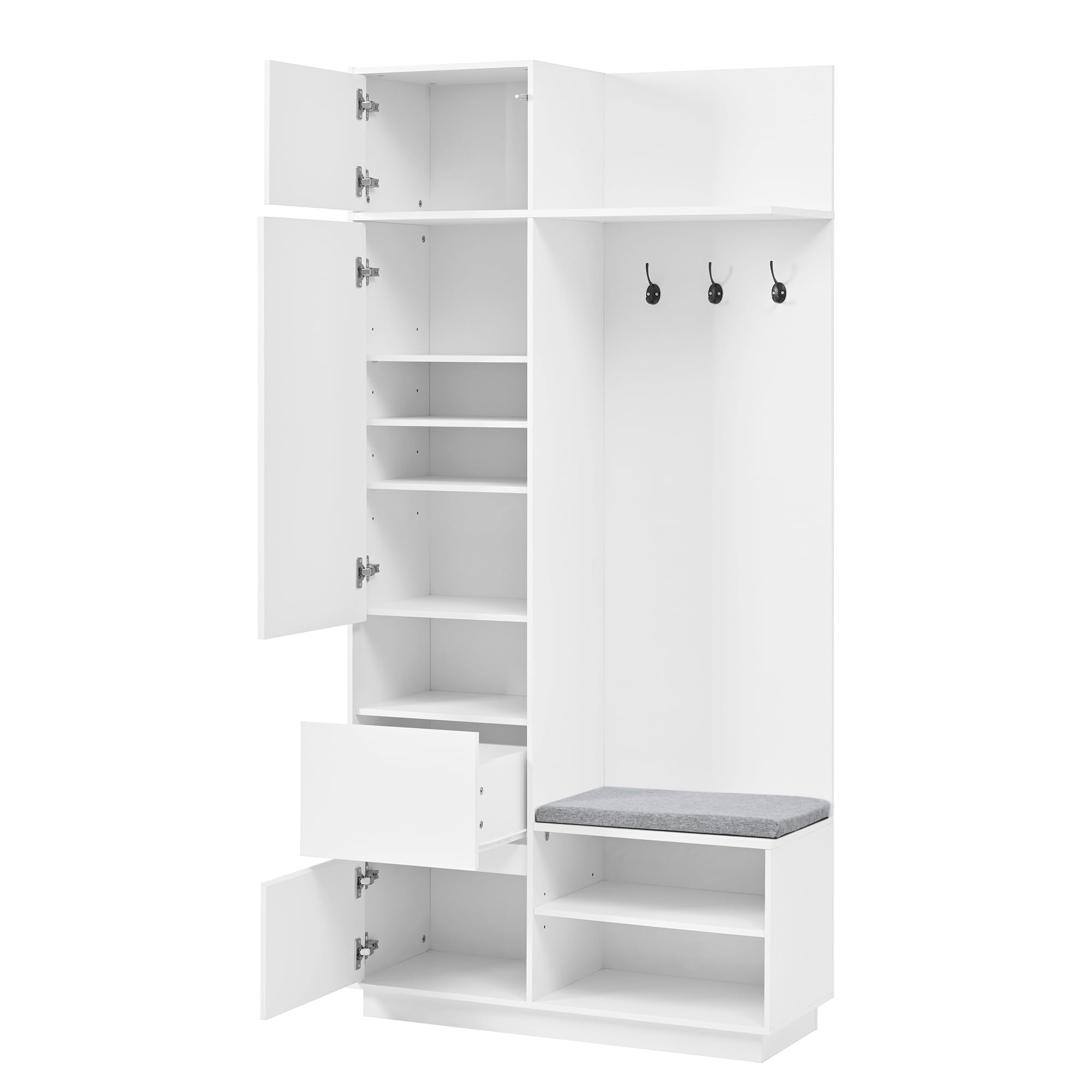 SUKY - Guardaroba compatto con specchio e panca, guardaroba da ingresso con scarpiera e ganci, 90 L x 34,5 P x 190