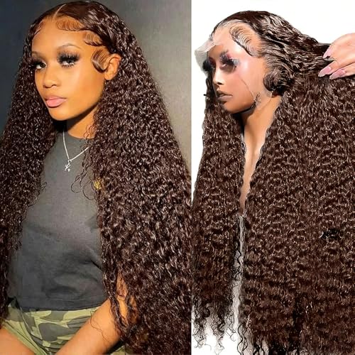 Zhengshuo Chocolate Brown 13x6 Lace Front Wigs Human Hair Water Wave wig 200 Density HD Transparent Lace Frontal Deep Wave Wigs for Women 32 Inch Pre Plucked With Baby Hair Curly Wig Brown Color