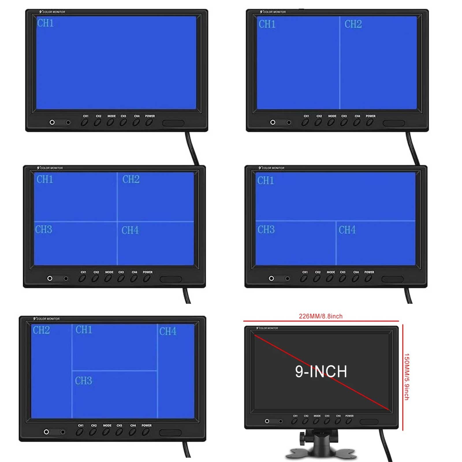 Camion Semirimorchio 9V-36V 9 "4-Split Monitor Schermo Kit telecamera di retromarcia | Telecamera posteriore impermeabile per visione notturna, 18 LED, con monitor a 4 canali, per autobus, roulotte, camper