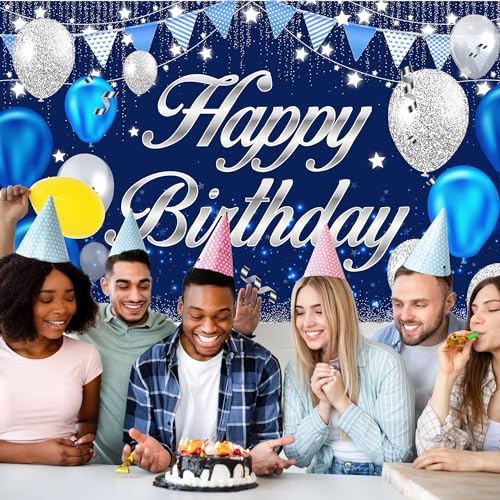 Image of Happy Birthday Banner - Birthday Decorations for Men Women Boys Girls Blue Sliver Birthday Party Banners Welcome Happy Birthday Background Sign Theme Party Decorations Indoor Outdoor