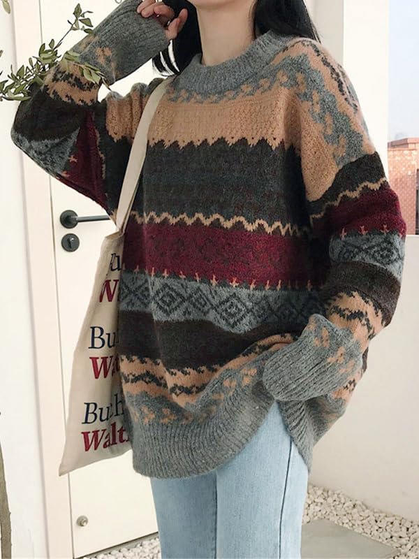 Womens Christmas Sweaters Fall Oversized Sweater Vintage Jacquard Knit Pullover Sweater