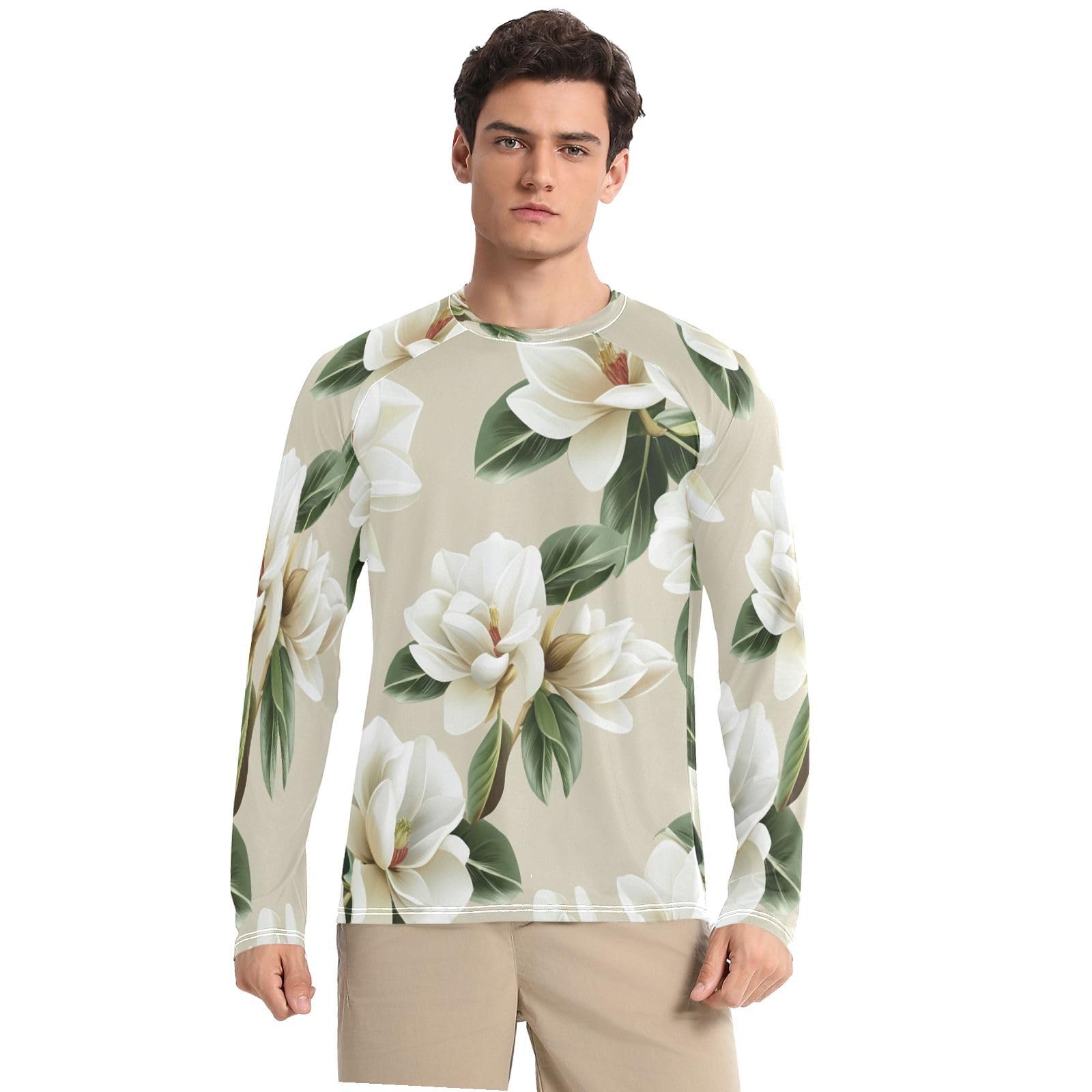 White Magnolia Men's Sun Protection Shirts UPF 50+ Long Sleeve UV Rash Guard Quick Dry Swim Shirts