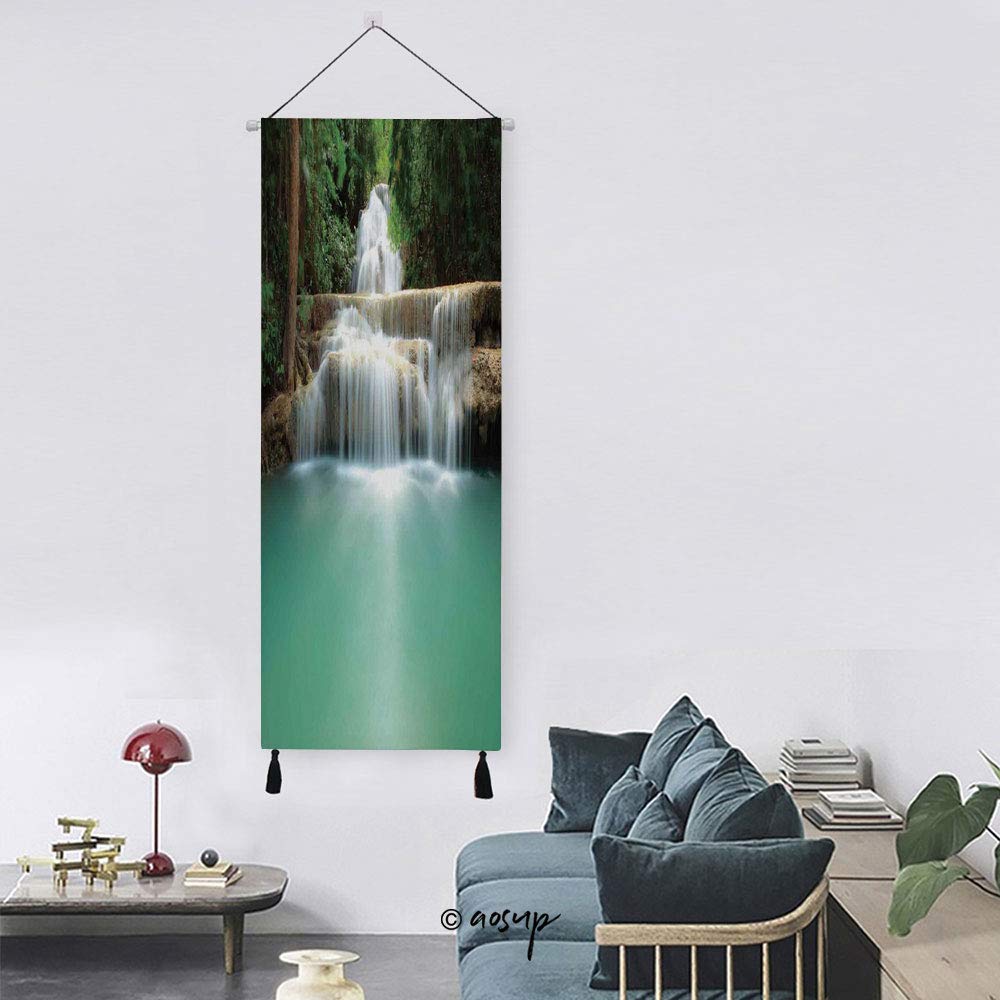 Homenon Canvas Hanging Poster Nordic Style Falling Stream Waterfall Natural Pond Thailand Vacation Theme Wall Picture Canvas Artwork for Home Decoration Ready to Hang - 13"x47"