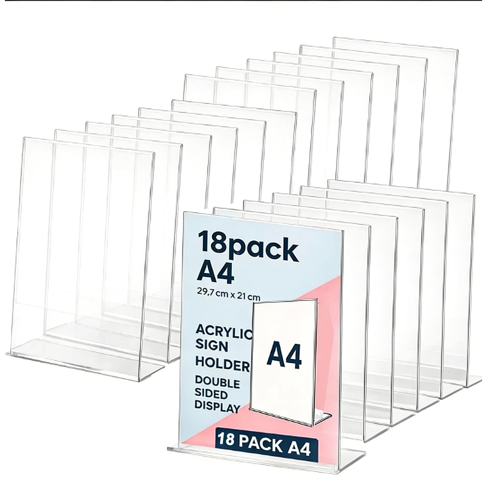 A4 Menu Holders 18 Pack Acrylic Sign Holder Clear L-Shaped Double-Sided Perspex Menu Tabletop Leaflets Poster Display Stands with Slant Back Design for Restaurants Offices Stores Events School