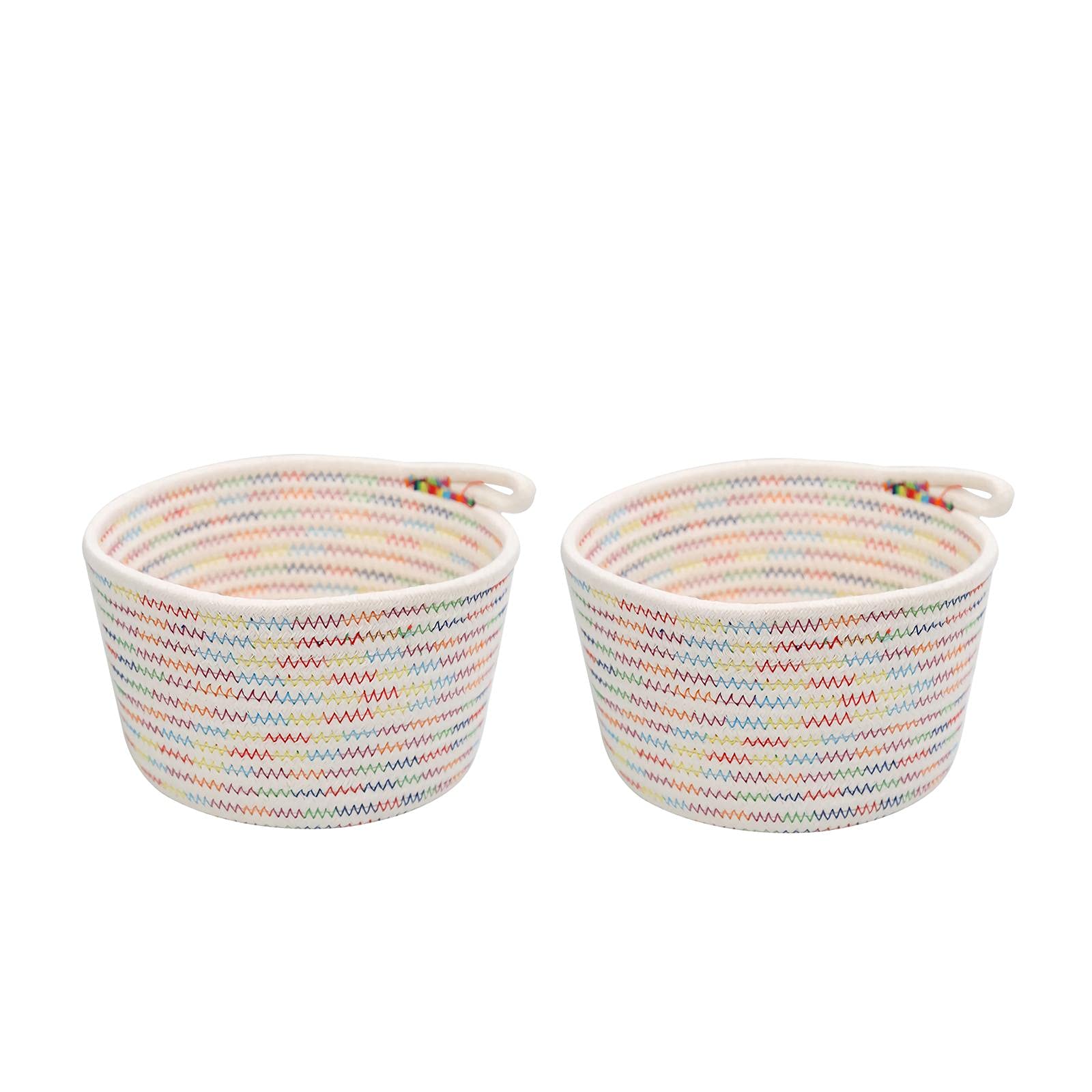 Woven Storage Basket Bins Set of 2 for Clothes, Books, Toys or Baby Blankets - Decorative Cotton Rope Baskets - Organizer Bins for Cubby or Shelves in Kids Room 8.66"x5"