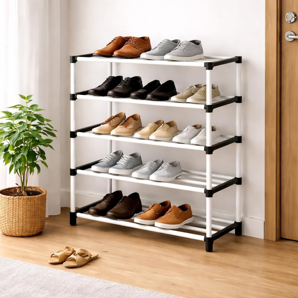 5 Tier Plastic Shoe Rack for Home, Stackable Shoe Organizer Shelf Stand, Lightweight, Easy to Assemble Space Saving Footwear Storage Rack for Bedroom, Closet & Entryway, White-image-26