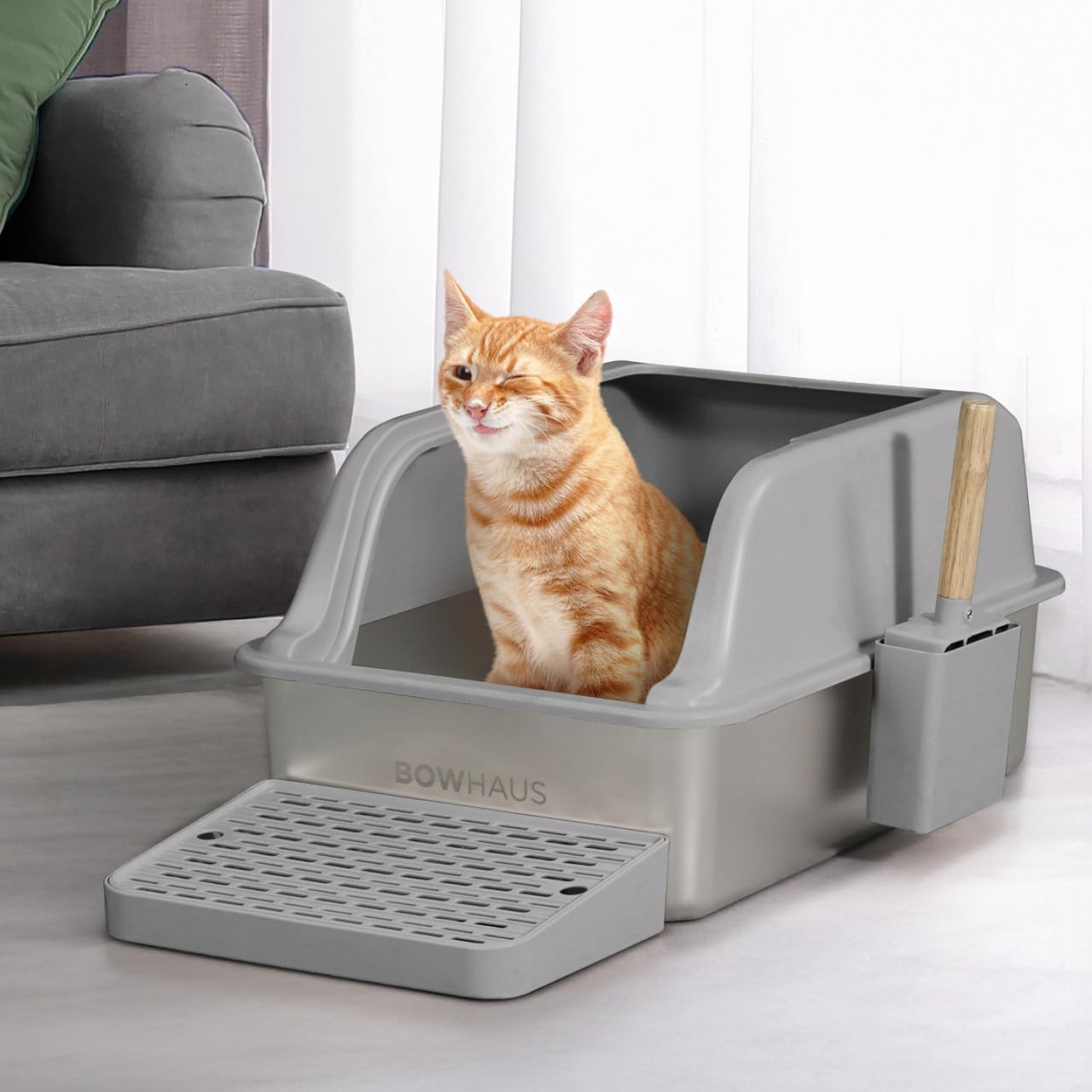 BOWHAUS XL Enclosed Stainless Steel Cat Litter Box with Lid, High Sided Metal Litter Box w/Scoop, Enclosed Extra Large Metal Litter Box, Odorless