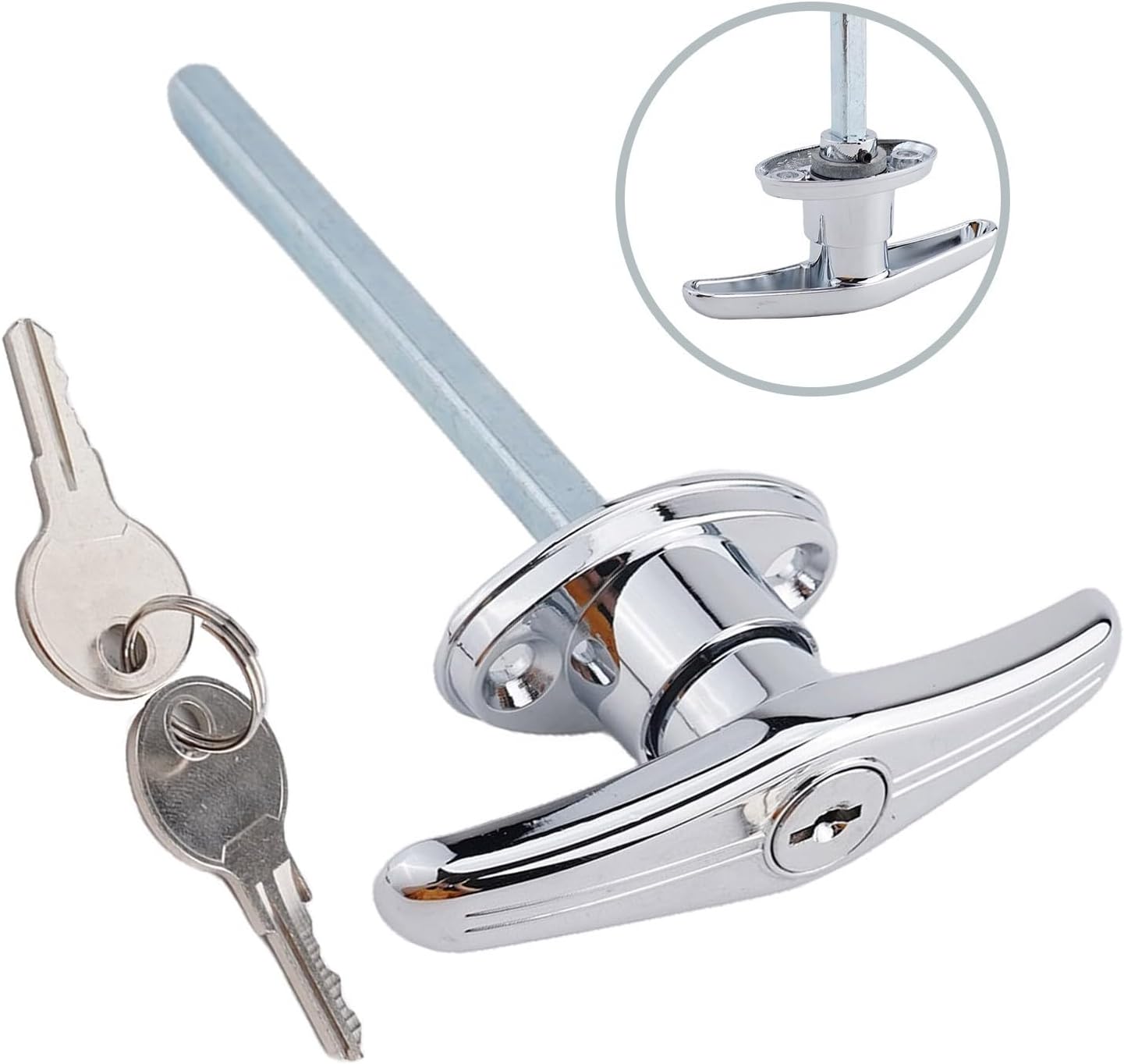 T-Handle Lock Zinc Alloy Garage Door Trailer RV Chassis, Weatherproof Short-Bar with 2 Keys, Silver Finish Heavy Duty Latch Mechanism 127.6x100.8mm(Silver)