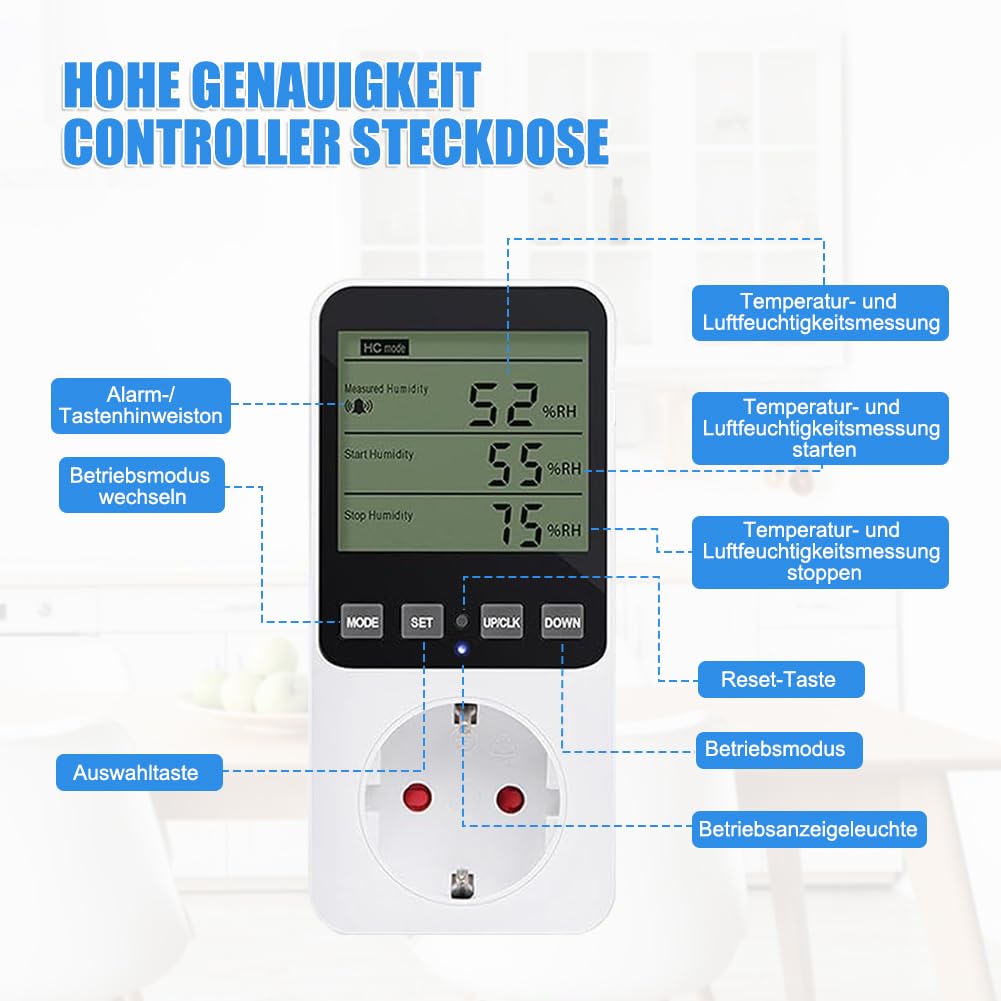 Régulateur d'humidité 230 V, thermostat numérique hygrostat prise avec capteur, interrupteur de température, régulateur d'humidité pour serre, terrarium, humidificateur, aquarium