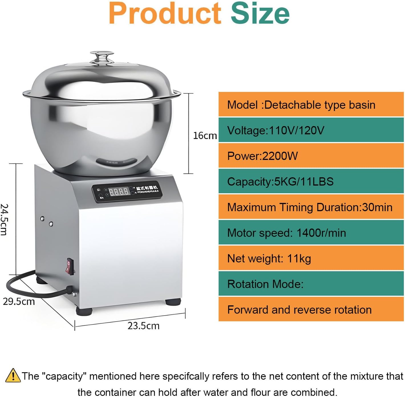 Dough Mixer 2200W Electric Pizza Dough Maker with Dual Rotation Stainless Steel Commercial Doughs Maker,1400rpm Electric Spiral Kneader, for Bread,Pizza,Dumpling Doughs 5KG