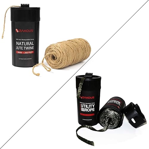 Zakous Recipiente de cuerda listo para cortar Cordel de yute de 260 pies más cuerda de utilidad de 120 pies (cordel + OliveDrab)