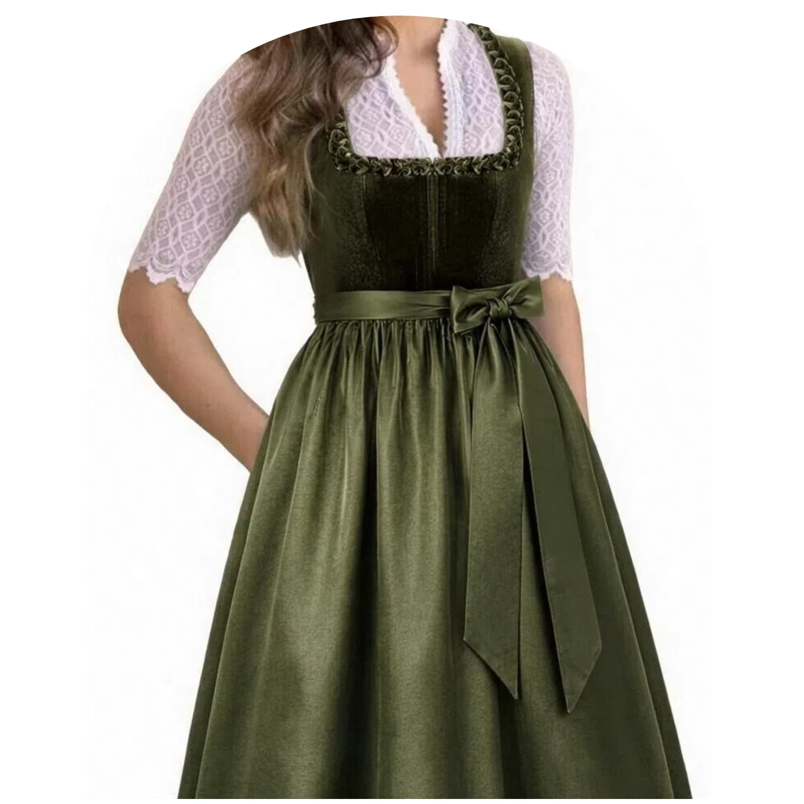 Generisch Dirndl Damen Lang Trachtenkleid Dirndlkleid Trachtenrock Elegant Trachtenmode Kleid 2 teilig Oktoberfest Outfit mit Dirndlschürzen