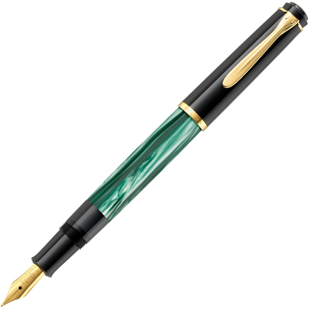 Pelikan FWI 983403 Kolbenfüllhalter Classic M200, vergoldete Edelstahlfeder, M, grün-marmoriert 1 Stück (1er Pack)