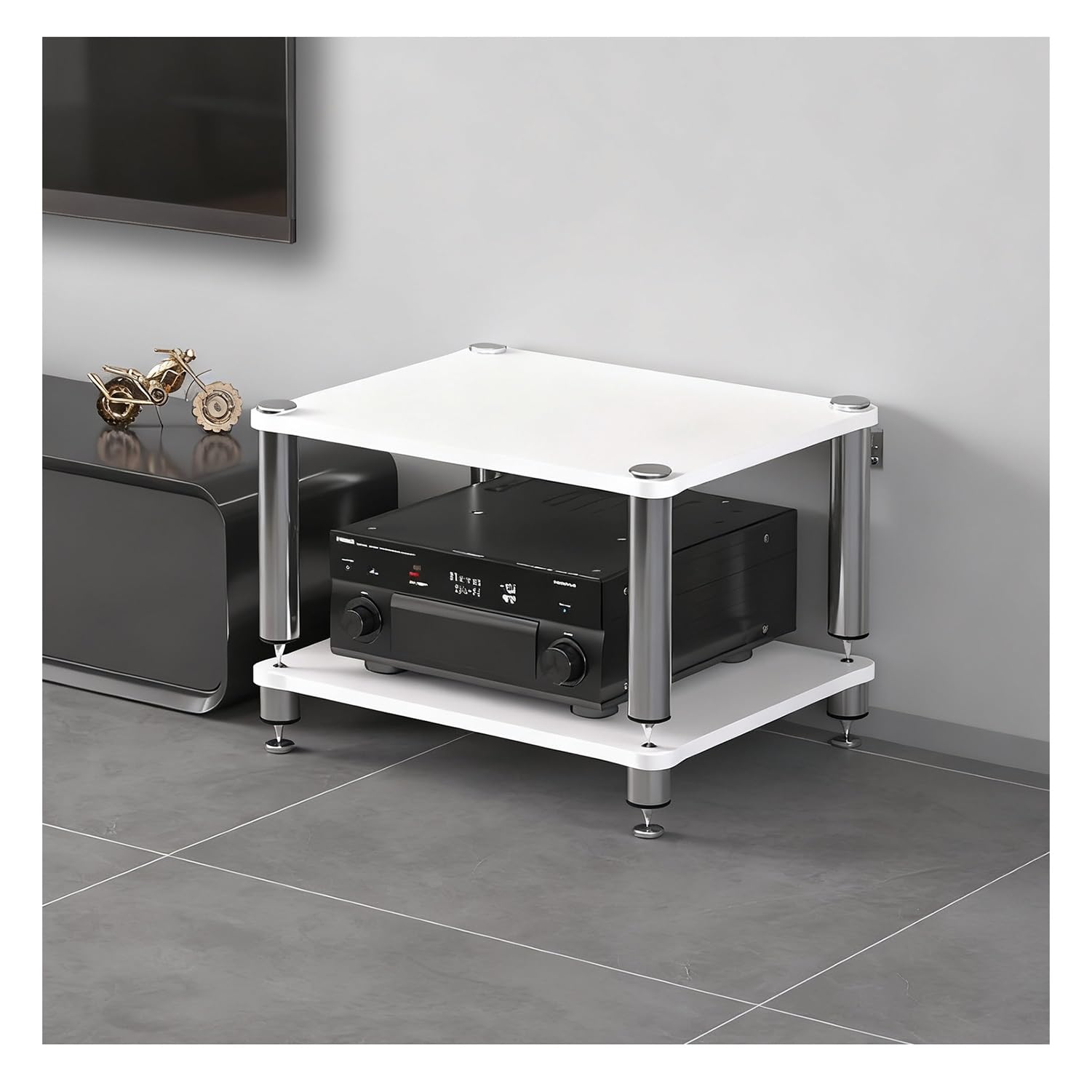 Szafka na sprzęt audio HiFi z amortyzującymi nóżkami, drewnianą półką na gramofon, wzmacniacze, głośniki i nośniki danych (biała, 2 poziomy, wysokość 40 cm) (biała, 2 poziomy)