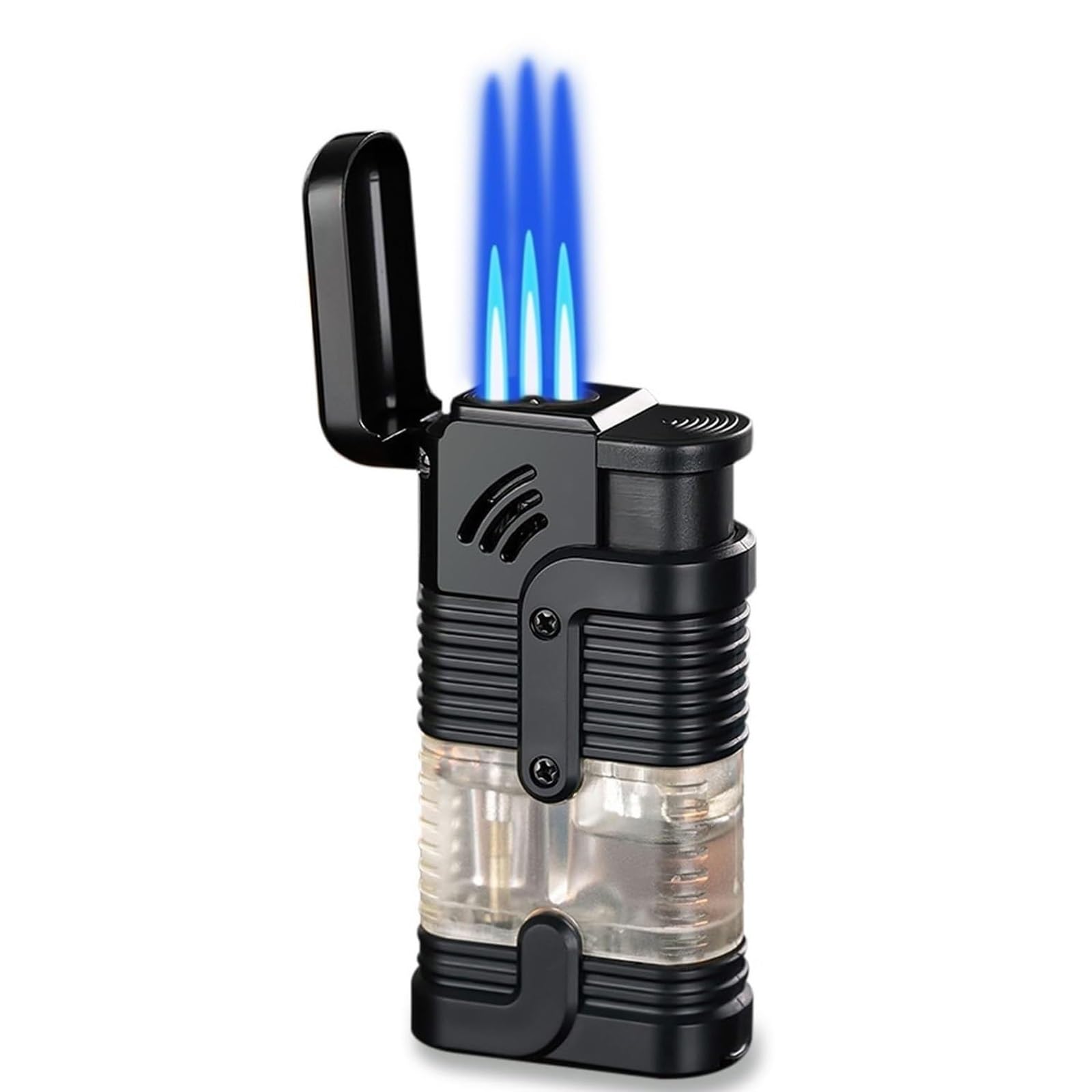 Encendedor de butano triple llama multifuncional y reutilizable con ventana de gas