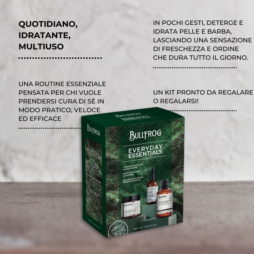 Bullfrog - Kit Everyday Essentials, Agnostico Balsamo Multifunzione Originale 100ml, Pasta Esfoliante Lavabarba 100ml, Gel Doccia Multiuso Secret Potion N.3 250ml