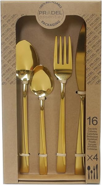 PRADEL ESSENTIEL - Ménagère 24 couverts de table pour 6 personnes - Absolu - Acier Inoxydable 18/0, Finition Standard et sablée + revêtement PVD - Doré (Epaisseur 2 mm) - 4