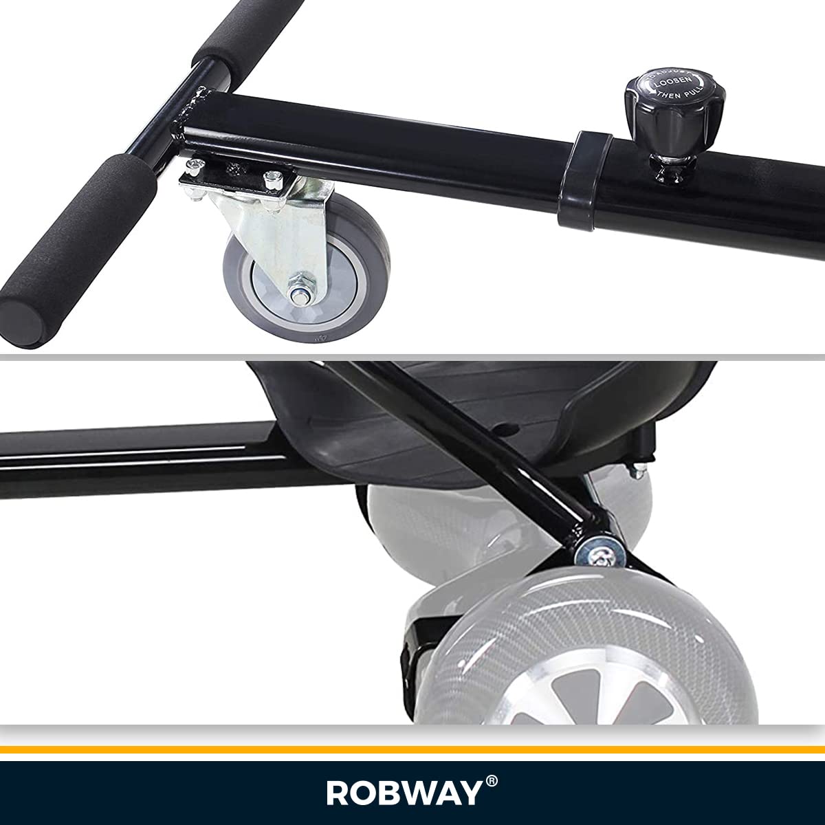 Robway Hoverkart | 𝐃𝐀𝐒 𝐎𝐑𝐈𝐆𝐈𝐍𝐀𝐋 ® - W1 W2 W3 & universal für 6,5" / 8" / 10" Boards - Hoverboard Sitz - Hoverseat - Hovercart Sitz - Gummibereifung - Kinder & Erwachsene (Schwarz)