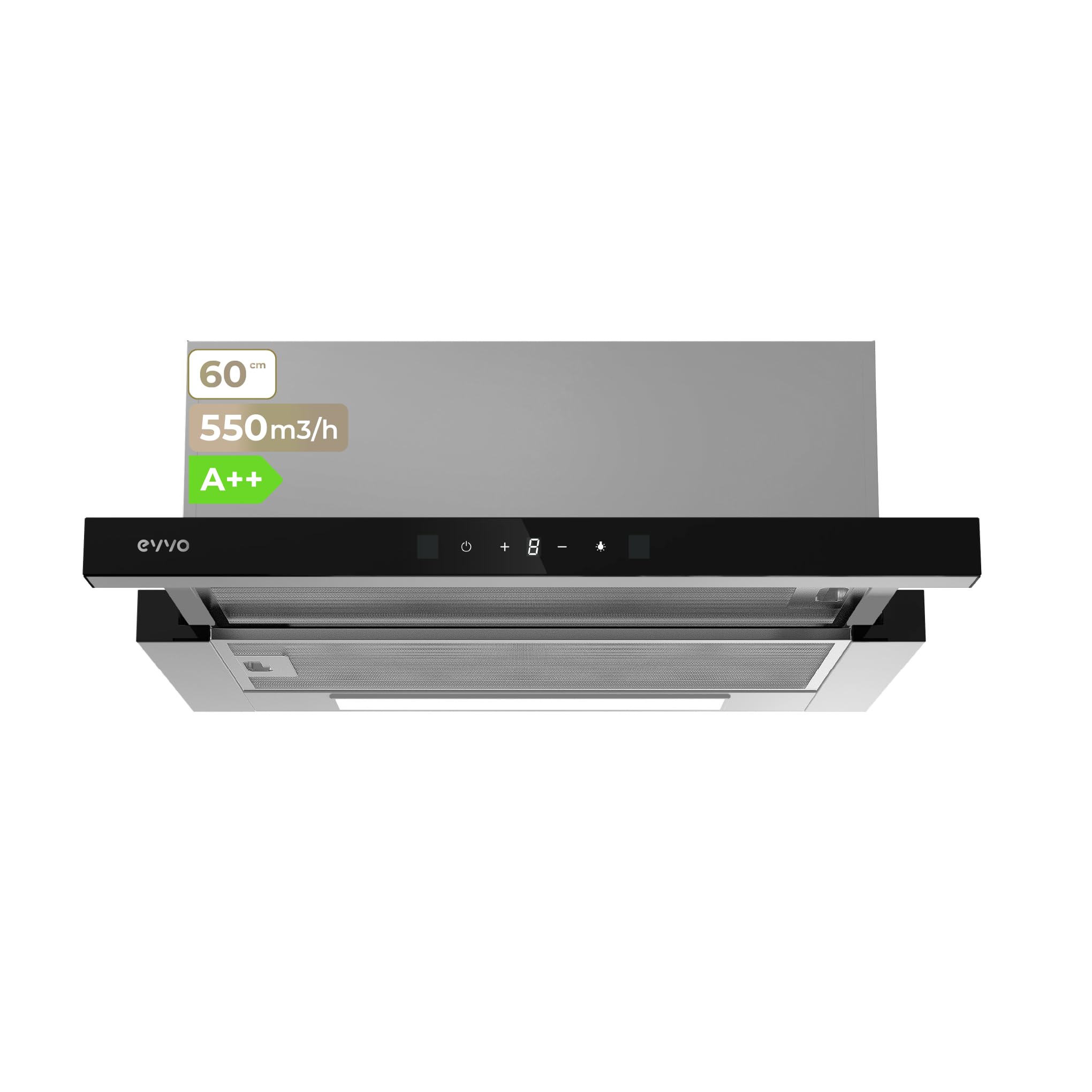 EVVO Campana Extractora 60 cm Telescópica, Potencia 550 m³/h, Luz LED, Filtro Aluminio y Carbon, Control Gestual, Acabado Inox Frontal Cristal Negro, Eficiencia Energética A++, 3 Velocidades