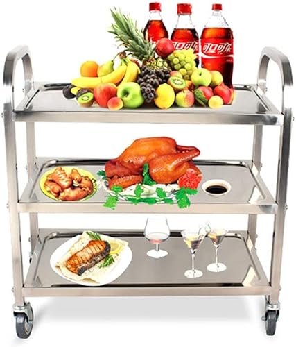 CROWNSHOP 3 Tier Stainless Steel Kitchen Utility Cart 62.5cm x 31.5cm x 80cm,Large Rolling Catering Storage Cart Trolley Storage Cart with Wheels for Home Kitchen or Dining Room