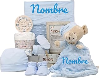 Cesta Bebé Personalizada Velvet Dou Dou | Manta y Dou Dou Osito con Nombre | Set Primera Puesta Algodón | Marco Significado Nombre | Recién Nacido, Pastel de Pañales, Azul