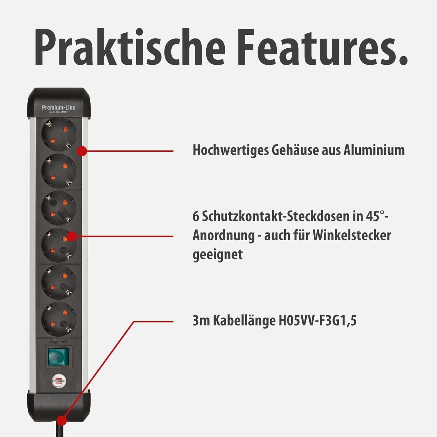 Brennenstuhl Premium-Alu-Line Steckdosenleiste/Steckerleiste aus hochwertigem Aluminium, Mehrfachsteckdose mit Schalter und 3m Kabel (6-Fach Steckdosenleiste | 5 Stück)