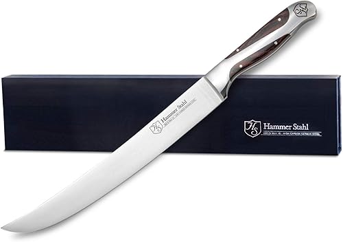 Hammer Stahl X50CrMoV15 - Cuchillo de carne forjado de acero de alto carbono alemán de 10 pulgadas con mango de madera Pakkawood de cuatro espigas,