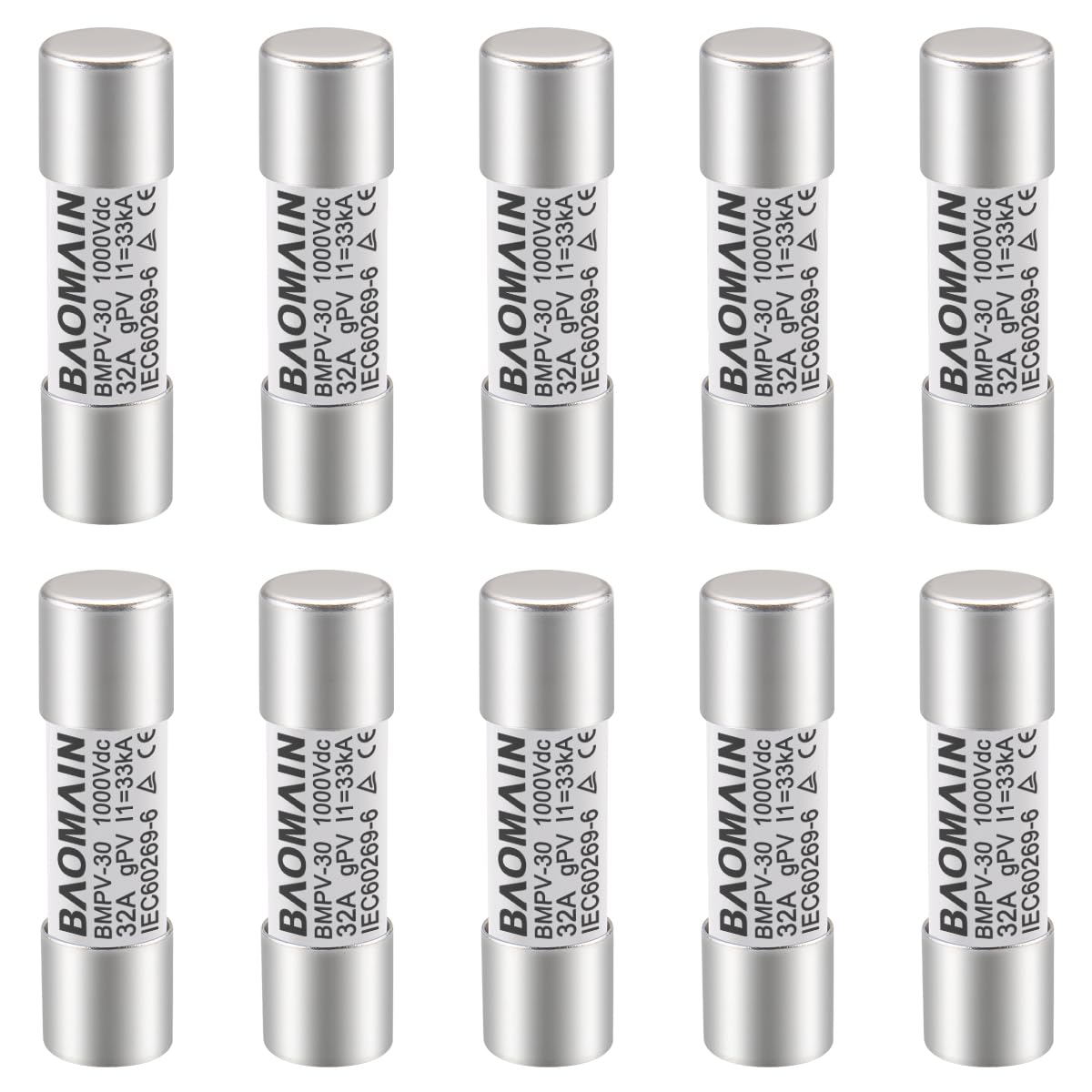 Baomain 10-Pack gPV Solar PV Fuse 32A 1000V DC, 10x38mm, 33kA Breaking Capacity, CE Listed for Photovoltaic Systems, Combiner Boxes (32 Amp.)