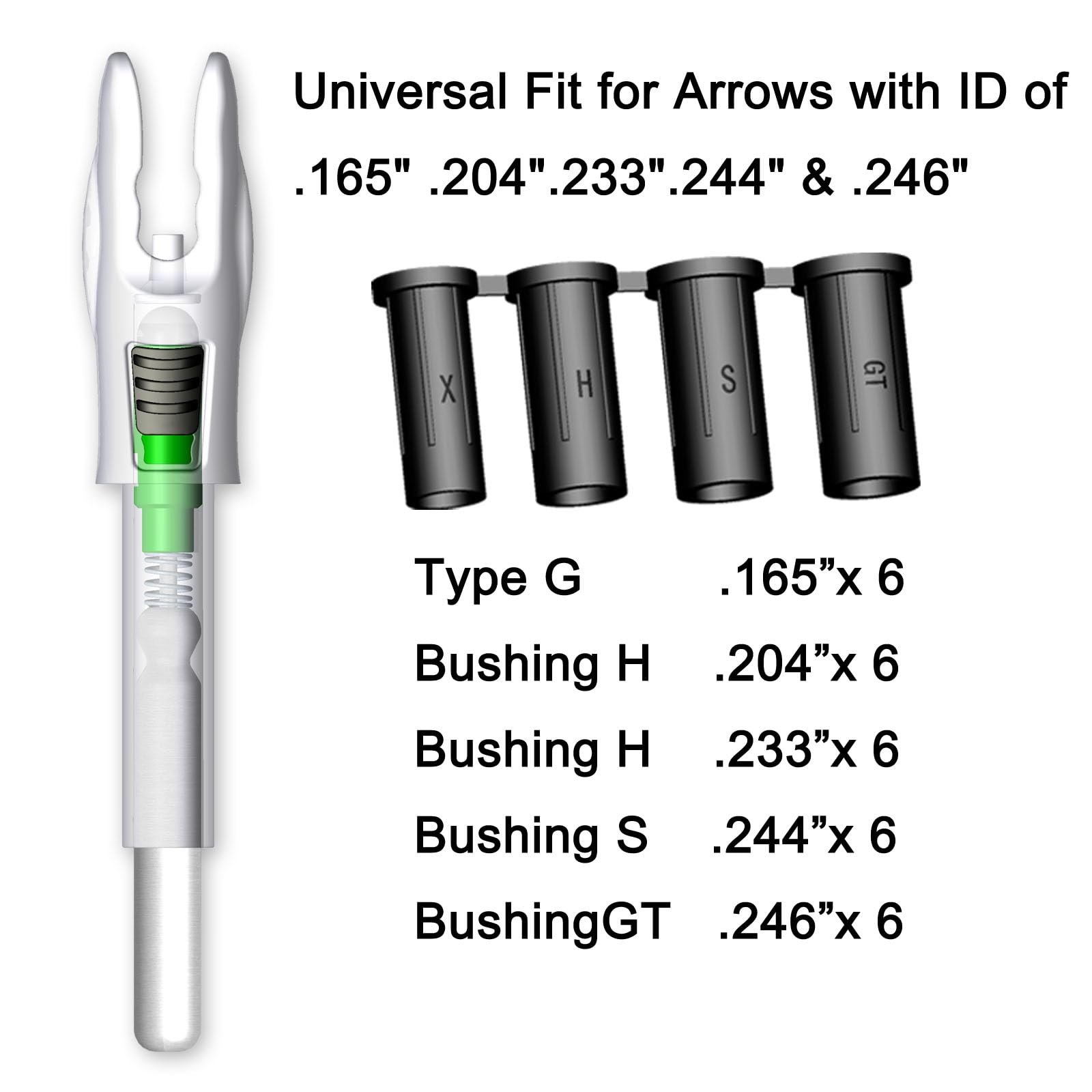 Linpeng 6PCS G Lighted Nocks for Arrows .165 .204 .233 .244 .246 with ON/Off Switch with H, S, GT Bushings LED Arrow Nocks (Green)