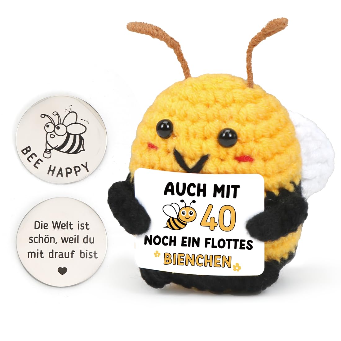 HUKUMA Positive Biene Geburtstagsgeschenk,Pocket Hug Bee Geschenke zum 40 Geburtstag,Handgemachte Biene Glücksbringer,Emotional Support Mutmacher Geschenk,Lustige Geschenke für Frauen,Freundin,Freund