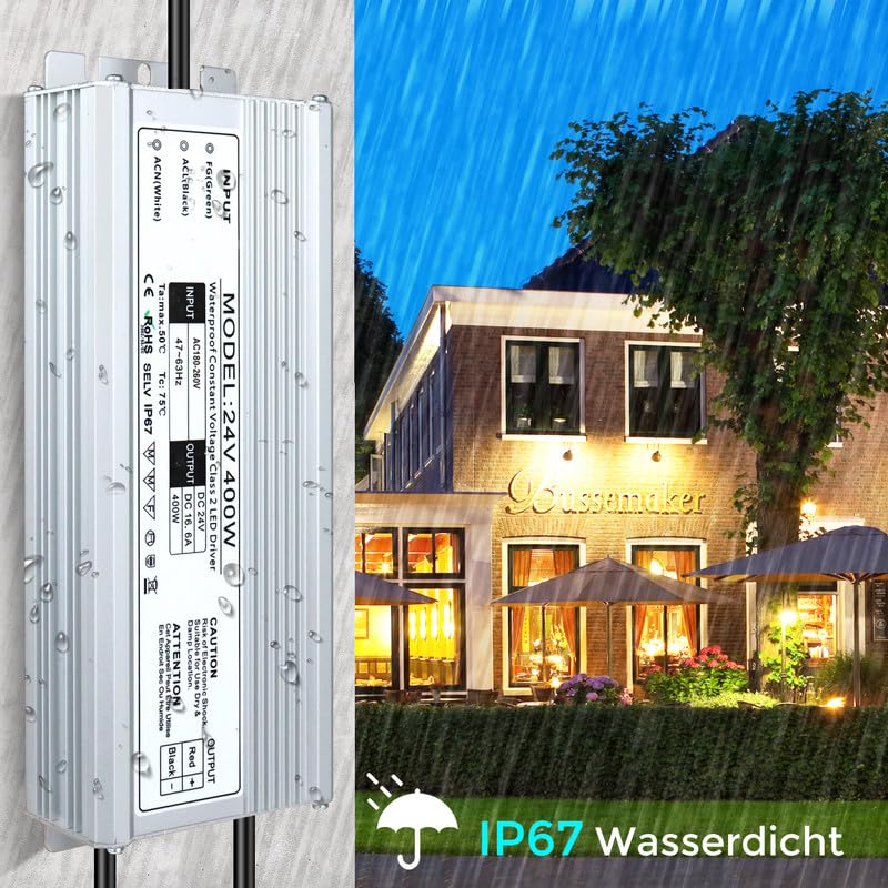 Trasformatore LED 24 V 400 W IP67, trasformatore impermeabile per esterni, con spina, alimentatore di rete, driver da 230 V a DC 24 Volt, adattatore LED Driver esterno per luci LED